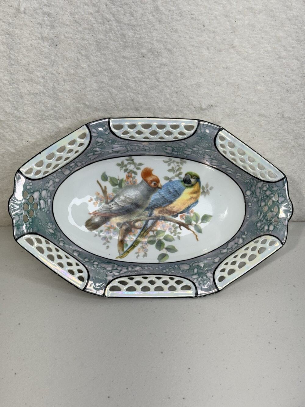 VTG Schumann Bavaria Porcelain Parrot Oval Centerpiece Bowl Reticulated Border